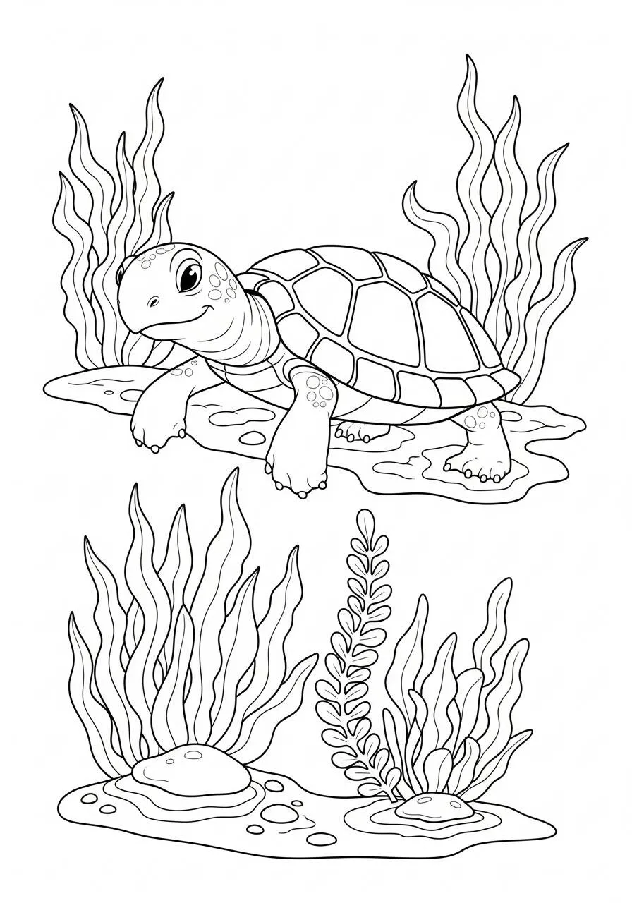 Desenho de Tartaruga em um Recife de Corais para Colorir