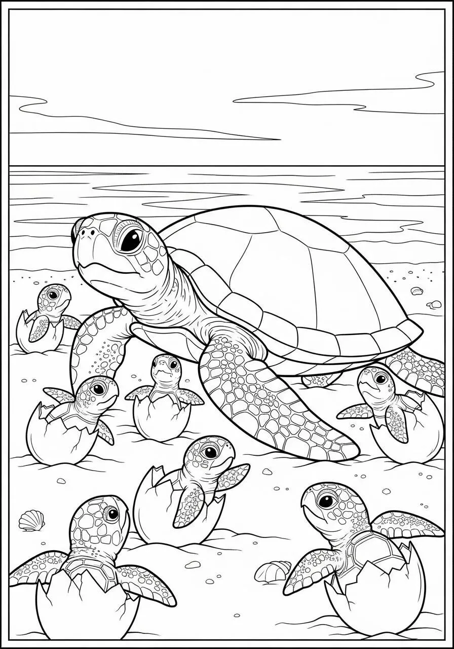 Desenho de Tartaruga e Filhotes na Praia para Colorir