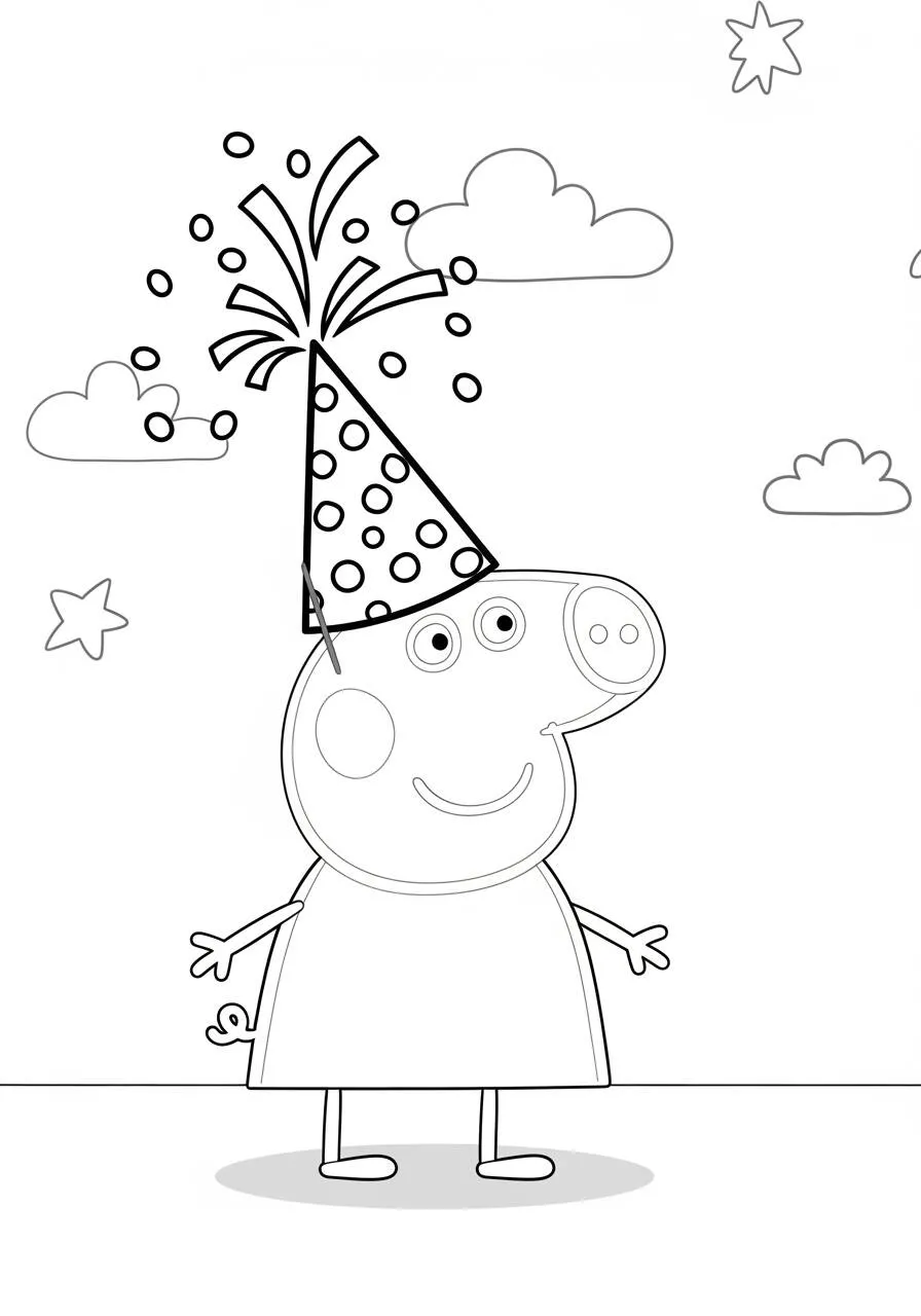 Desenho de Peppa Pig com Chapéu de Festa para Colorir