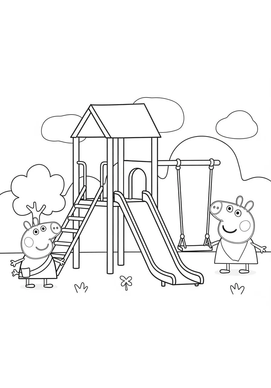 Desenho de Peppa Pig e George Brincando no Parque para Colorir