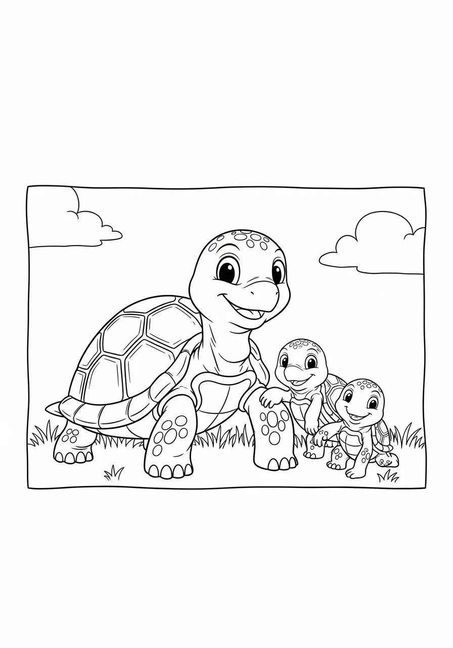 Desenho de Tartaruga e Seus Filhotes para Colorir