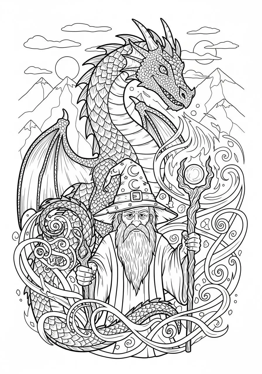 Desenho de Dragão com Mago e Bastão Mágico para Colorir