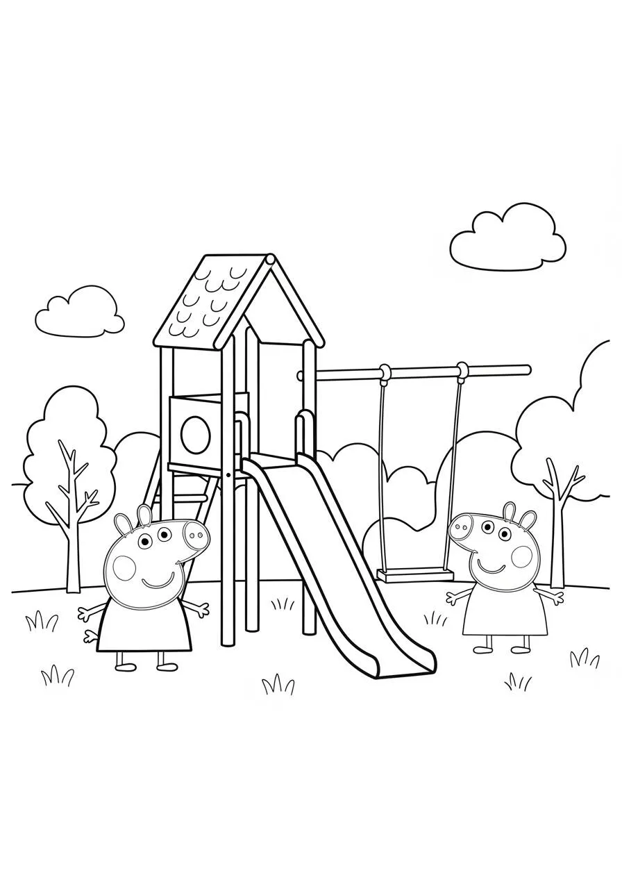 Desenho de Peppa Pig e George Brincando no Parque para Colorir