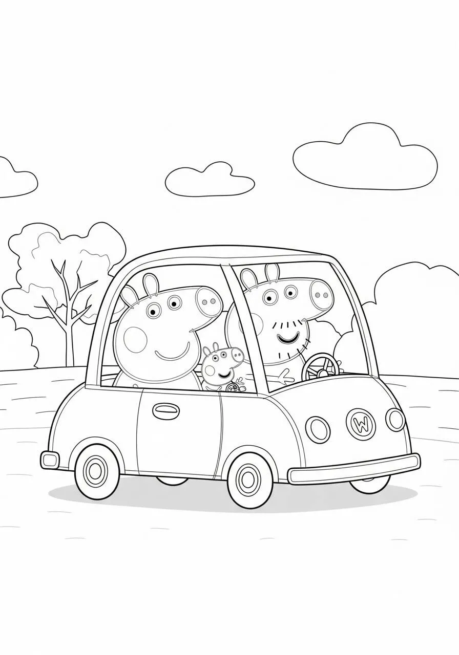 Desenho de Peppa Pig e George a Andar de Carro para Colorir