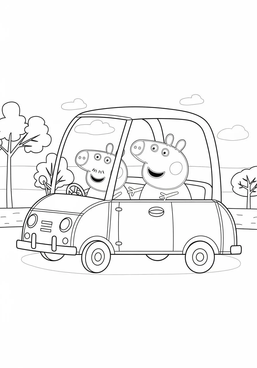 Peppa Pig and Daddy Pig Riding in a Car Coloring Page
