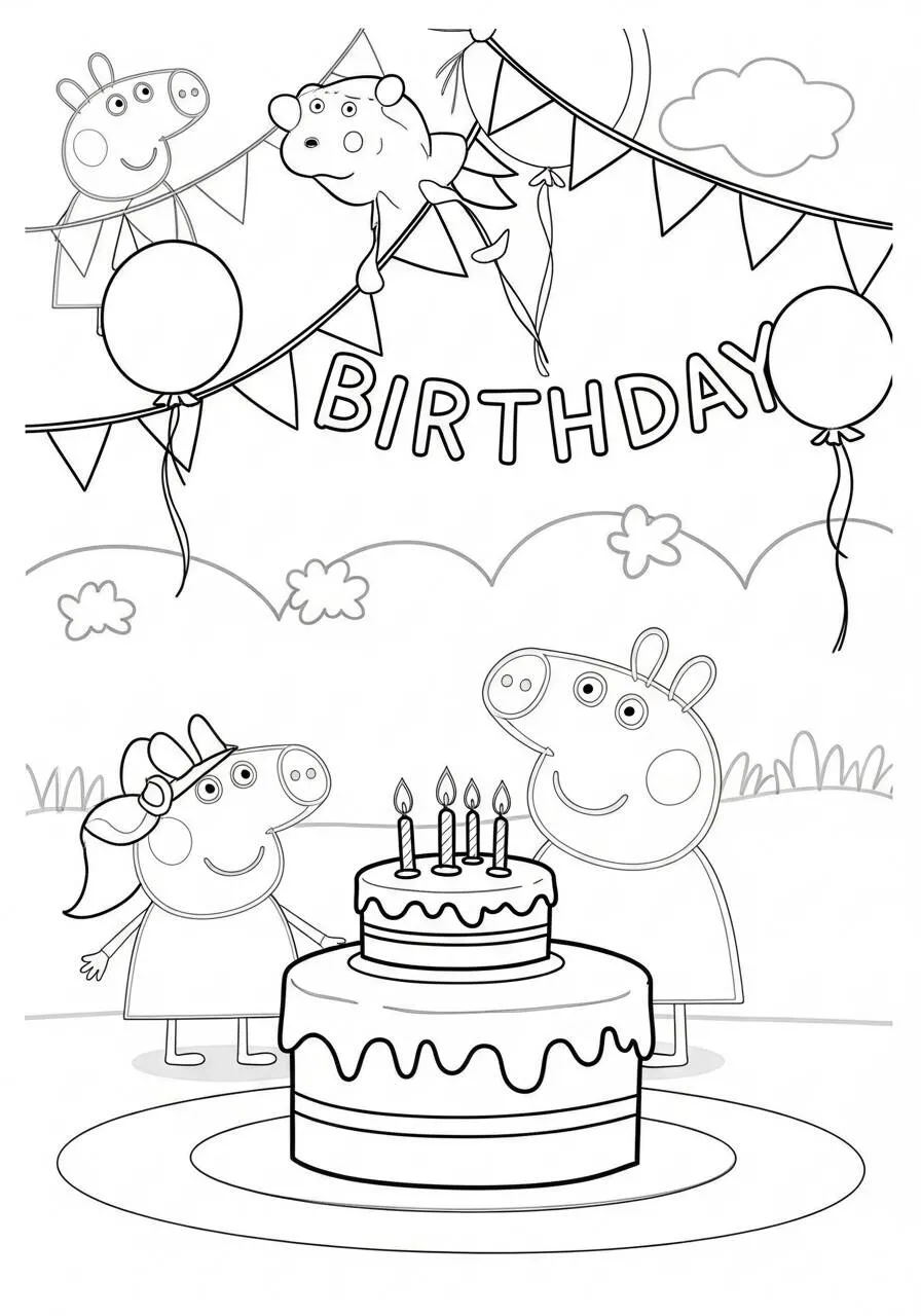 Desenho de Peppa Pig em Festa de Aniversário para Colorir