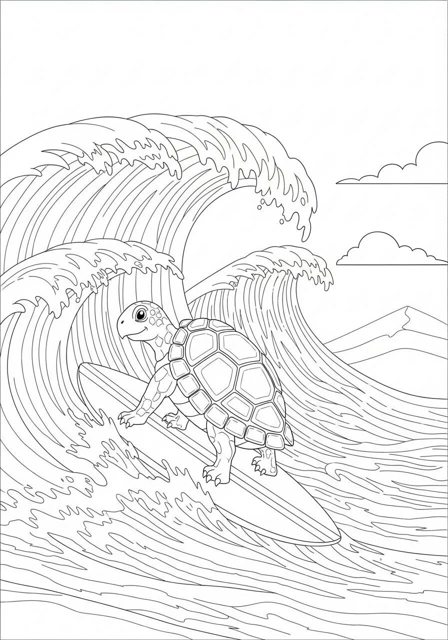 Desenho de Tartaruga Surfista em Ondas para Colorir