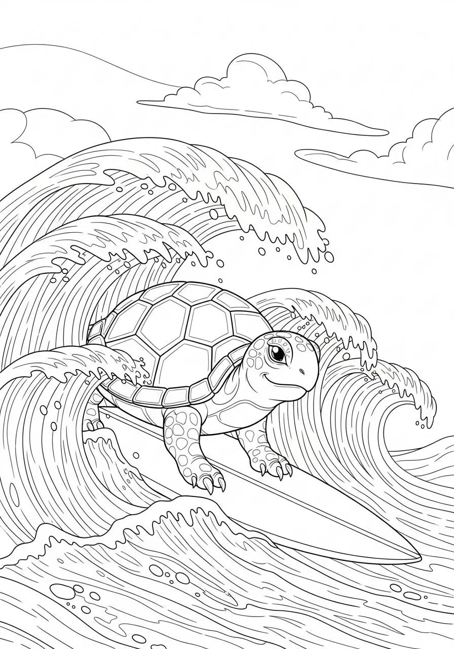 Desenho de Tartaruga Surfista nas Ondas para Colorir
