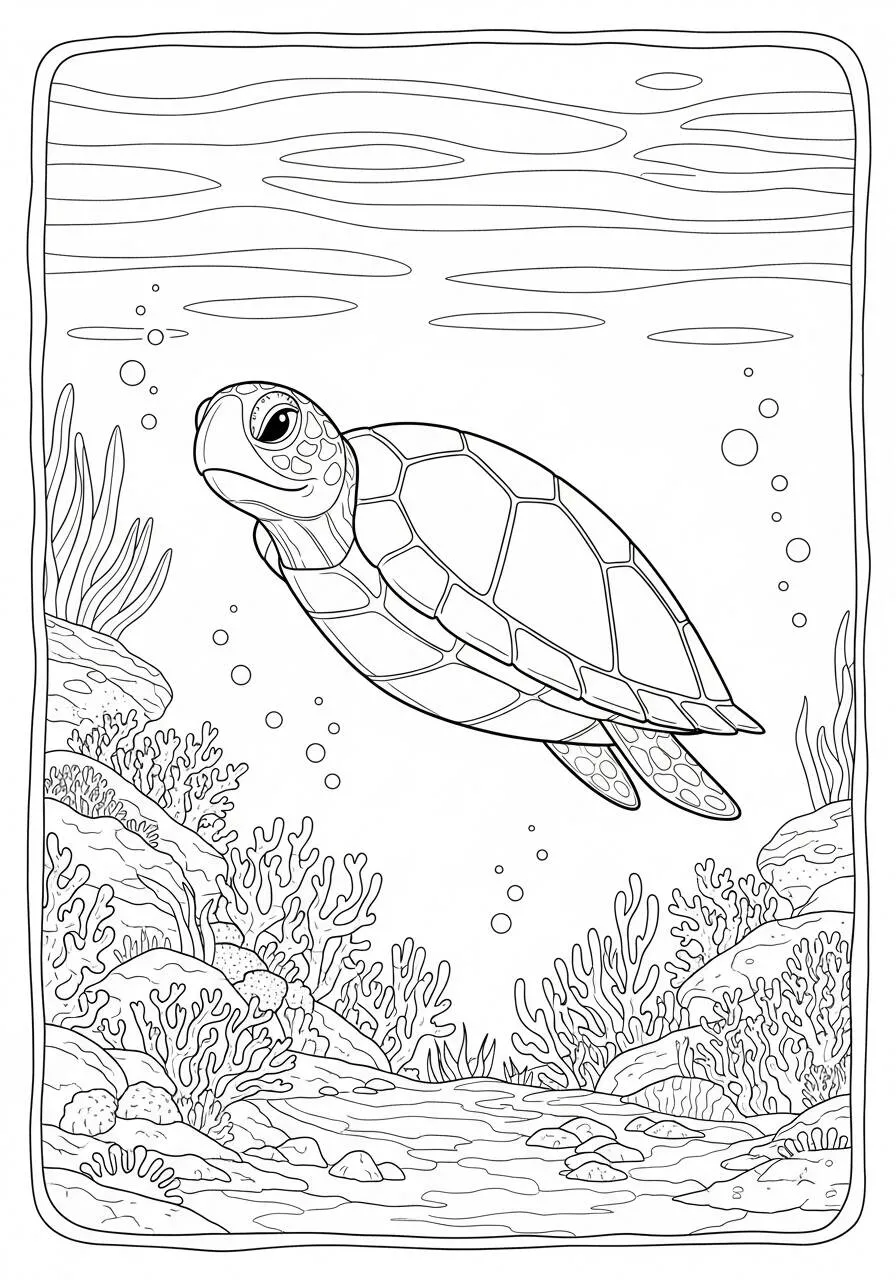 Desenho de Tartaruga Marinha a Nadar no Oceano para Colorir