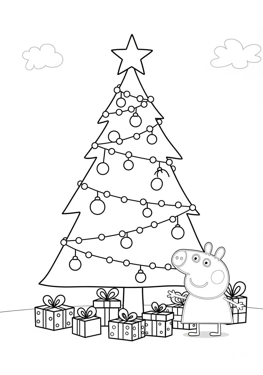 Desenho de Peppa Pig com Árvore de Natal e Presentes para Colorir