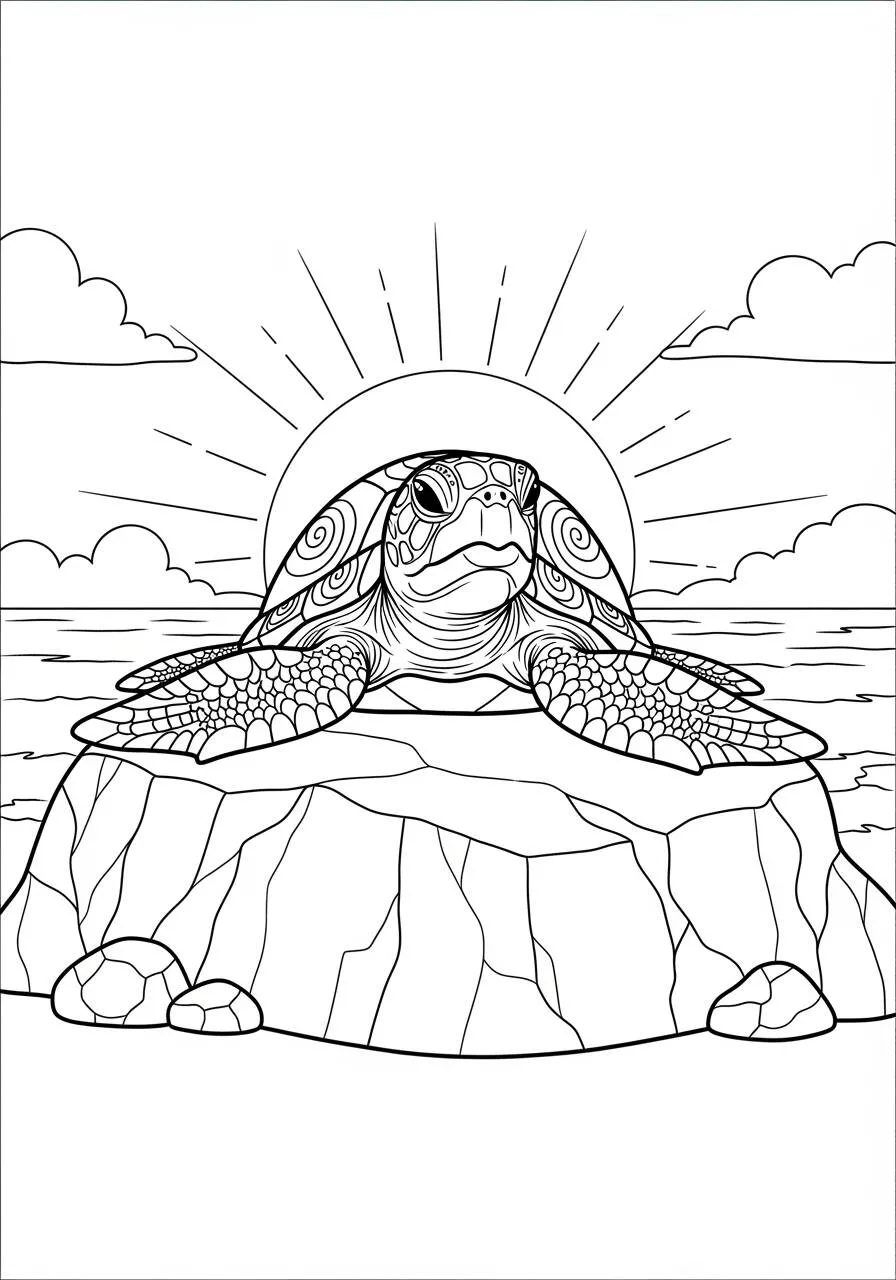 Desenho de Tartaruga a Tomar Sol na Rocha para Colorir