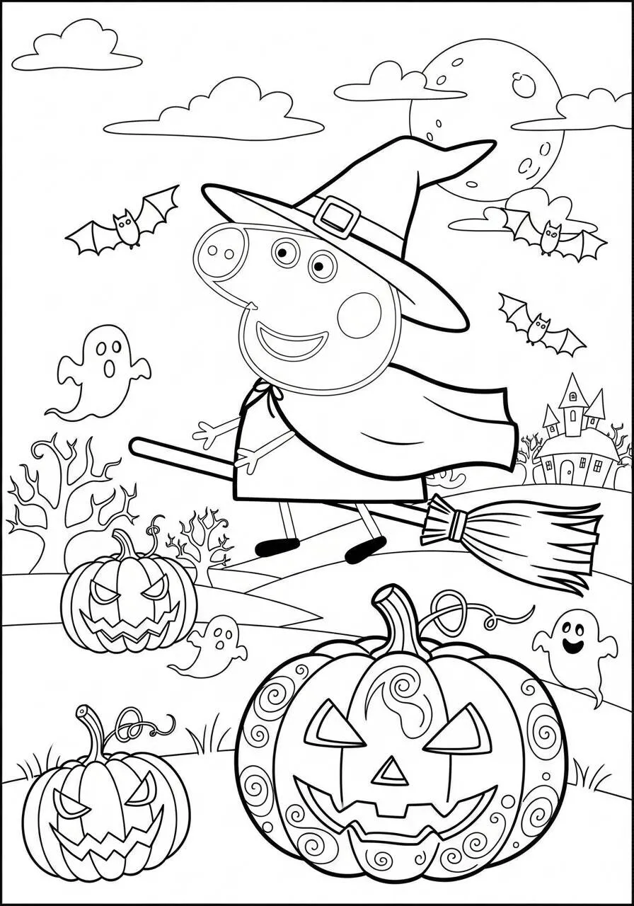 Desenho de Peppa Pig Fantasiada de Bruxa para Colorir