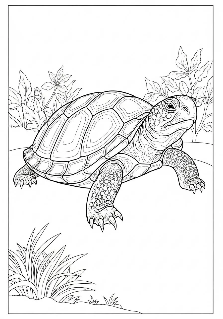 Desenho de Tartaruga em Ambiente Natural para Colorir