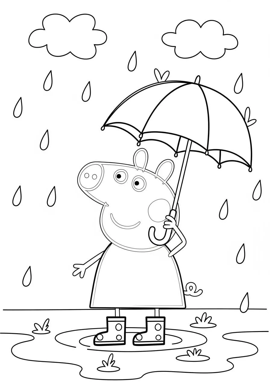 Desenho de Peppa Pig a Segurar um Guarda Chuva na Chuva para Colorir