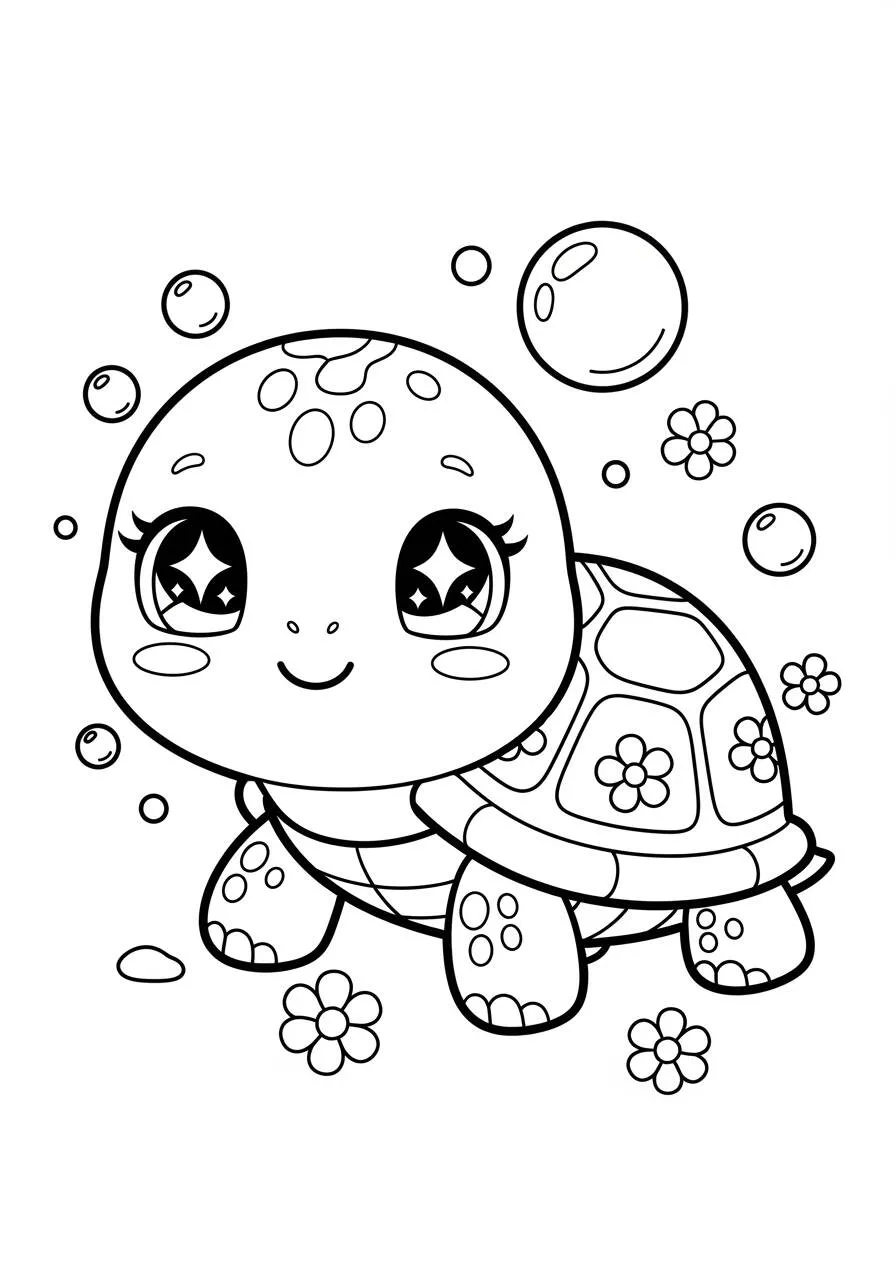 Desenho de Tartaruga Fofa com Bolhas e Flores para Colorir