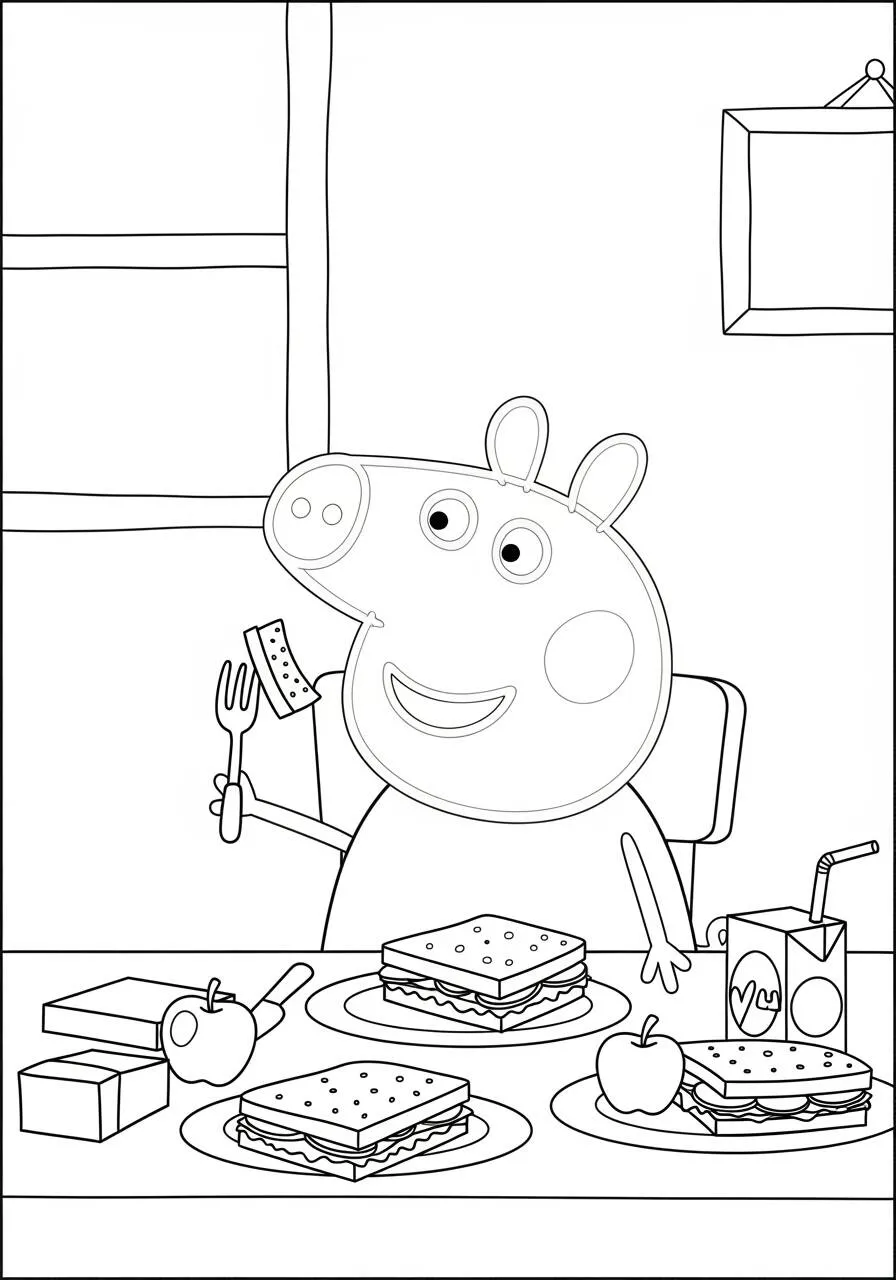Desenho de Peppa Pig a Comer Sanduíches para Colorir