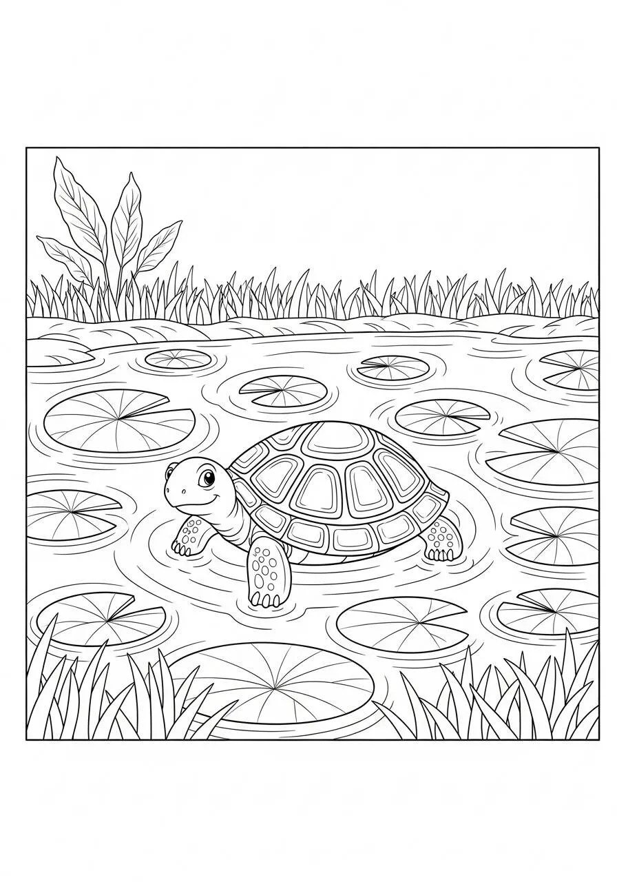 Desenho de Tartaruga no Lago com Lírios para Colorir