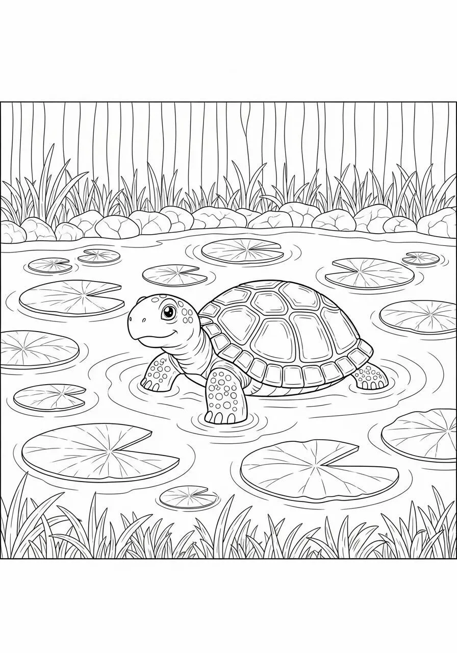 Desenho de Tartaruga no Lago com Lírios para Colorir