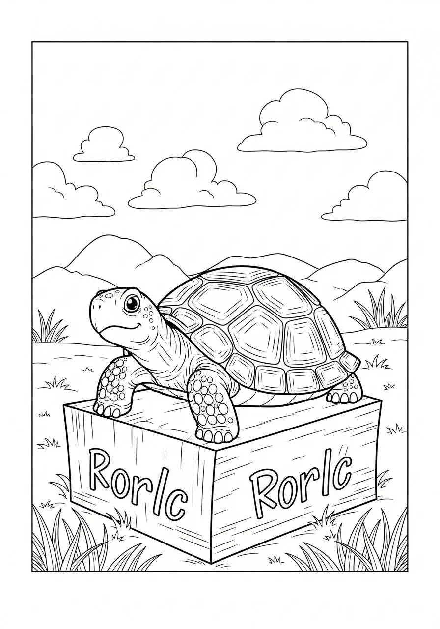 Desenho de Tartaruga em Cima de uma Caixa para Colorir