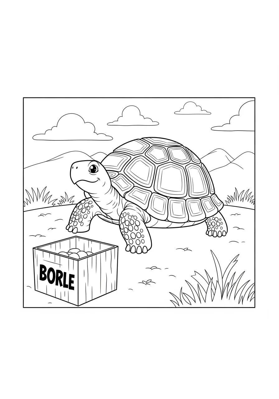 Desenho de Tartaruga na Natureza com Caixa para Colorir