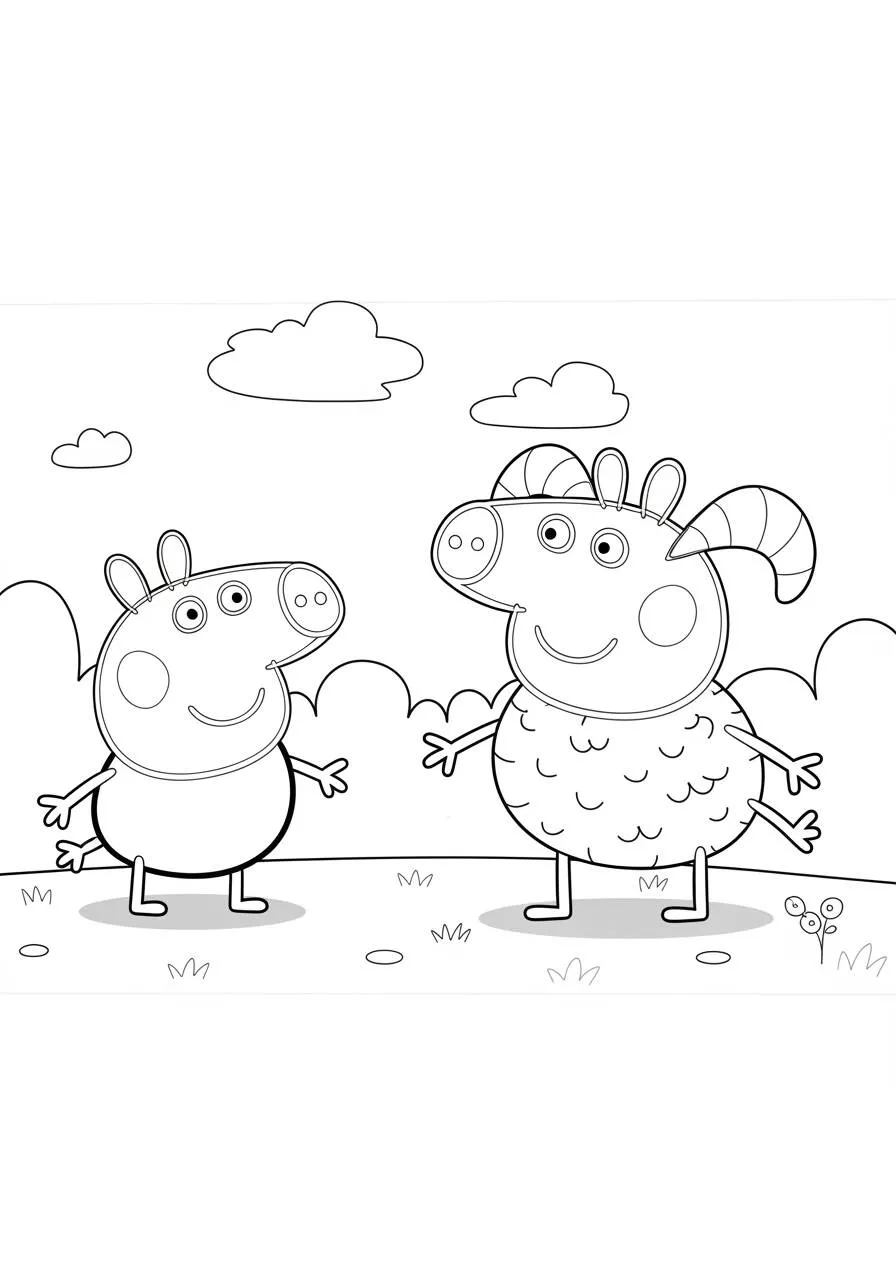 Desenho de Peppa Pig com o Amigo Ovelha para Colorir