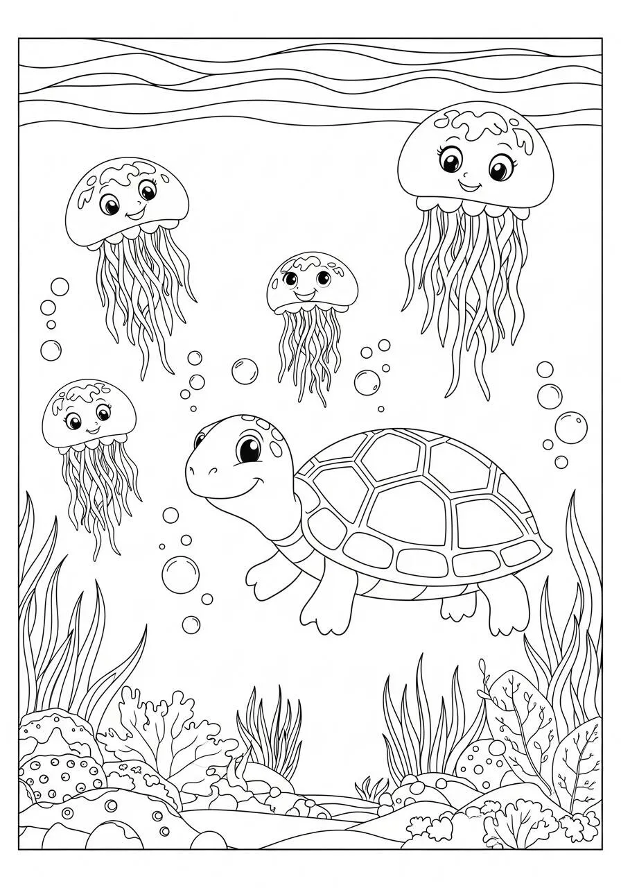Desenho de Tartaruga com Medusas para Colorir