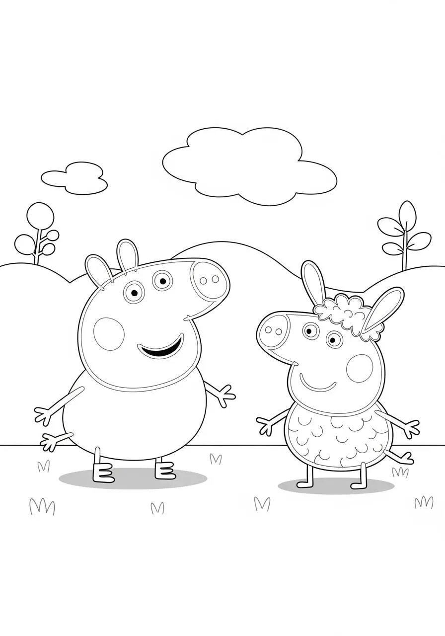 Desenho de Peppa Pig com o Amigo Ovelha para Colorir