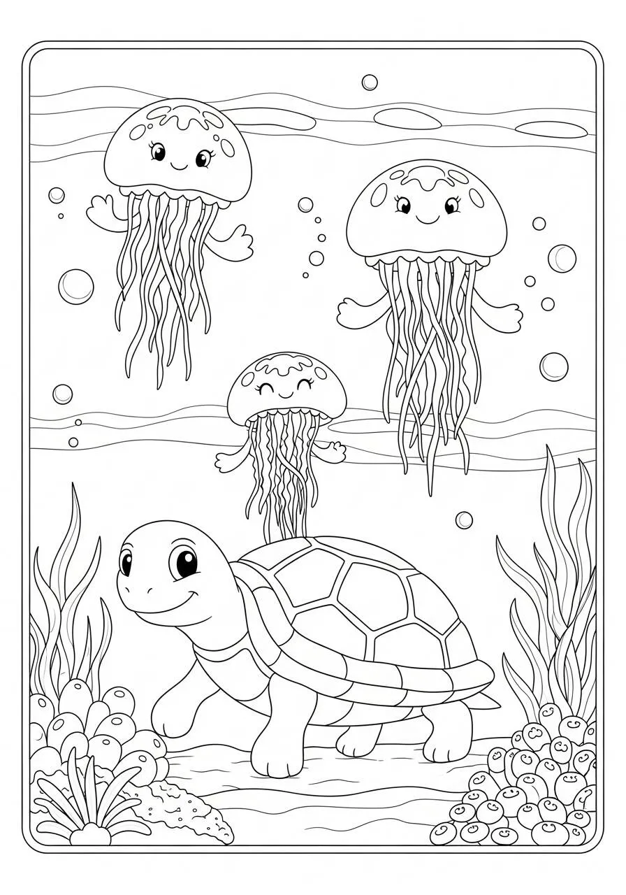 Desenho de Tartaruga com Medusas Amigas para Colorir