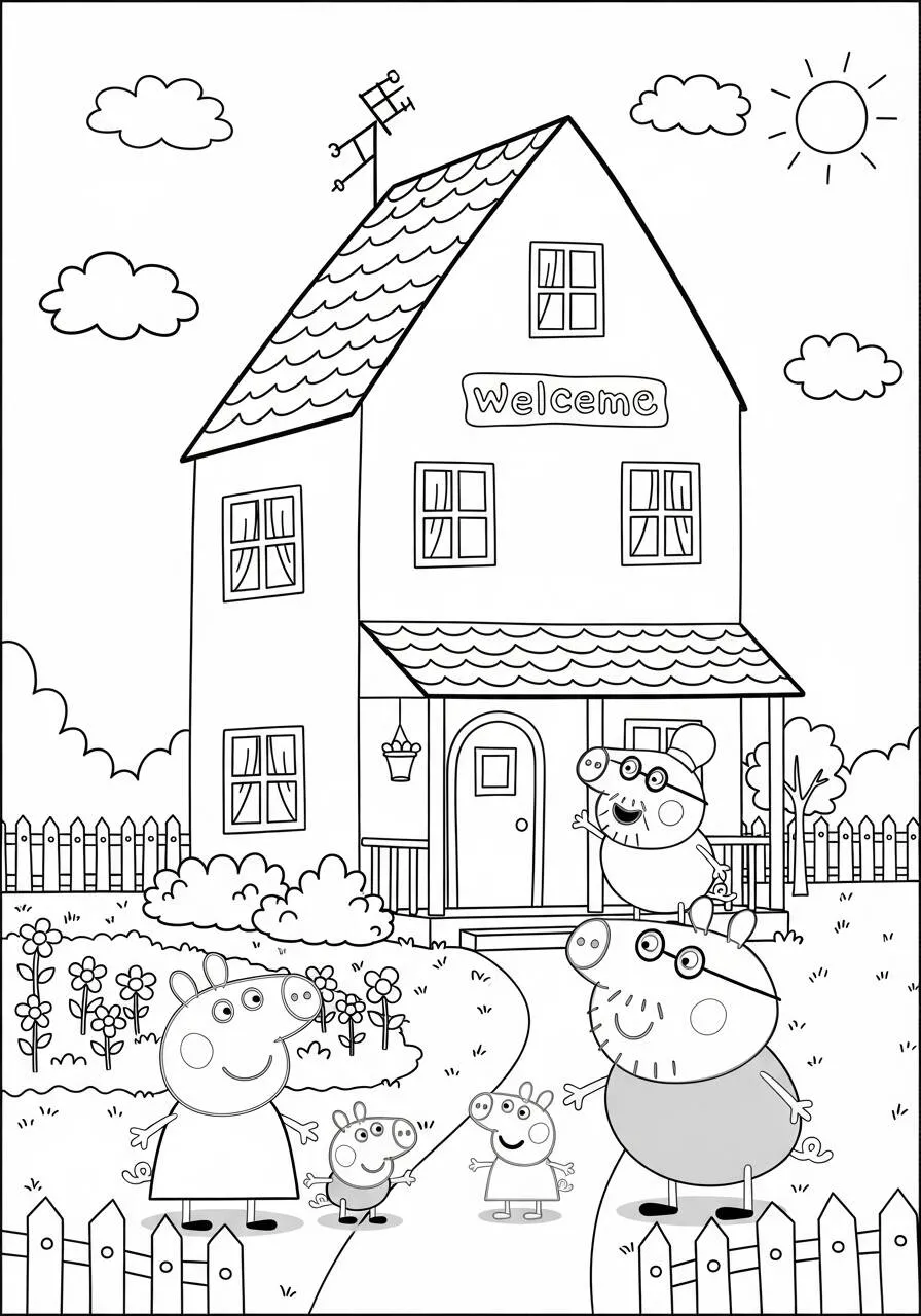 Desenho de Peppa Pig em Frente à Casa para Colorir