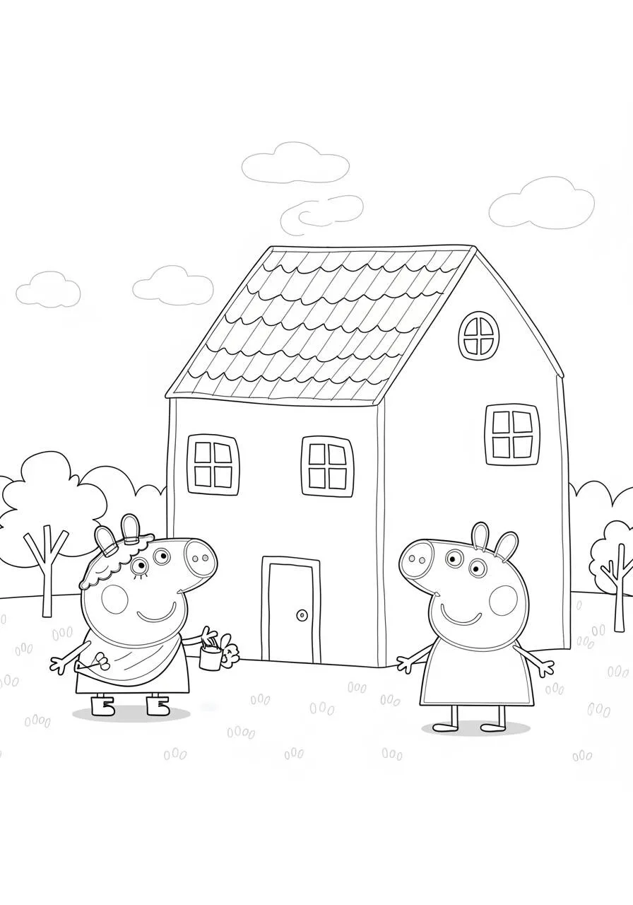 Desenho de Peppa Pig e Sua Mãe na Casa para Colorir