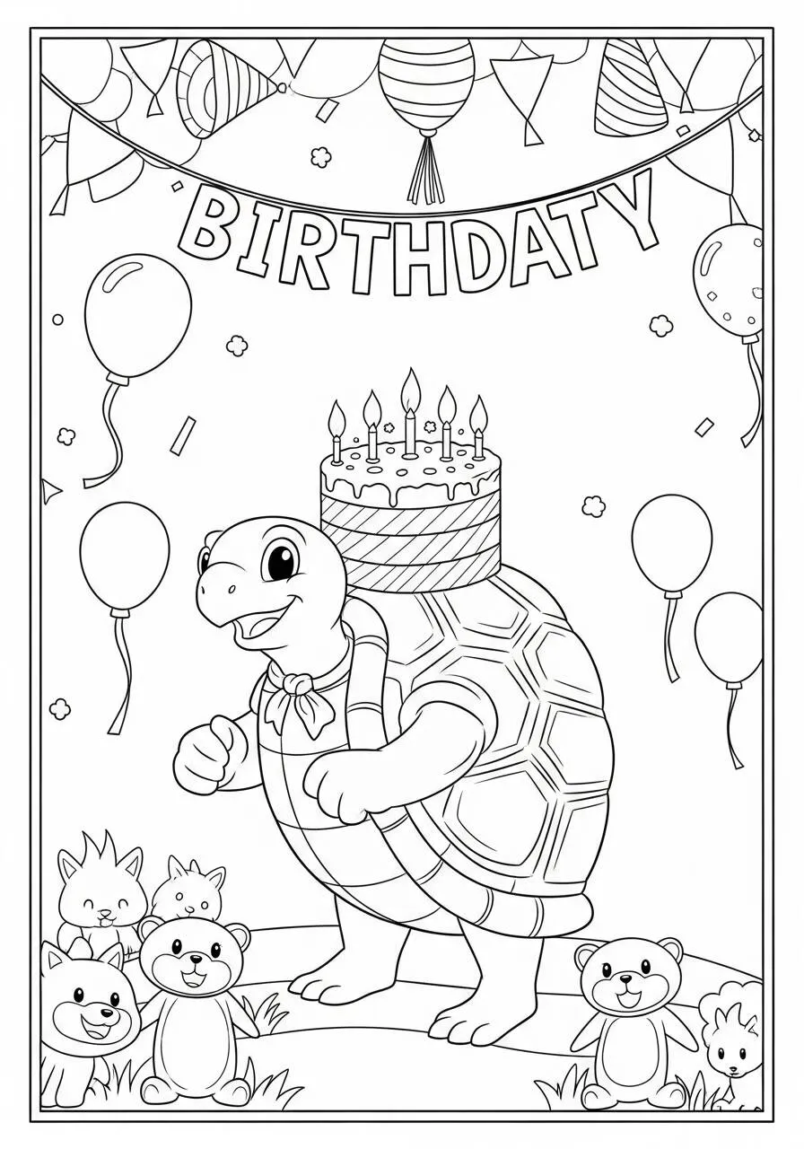 Desenho de Tartaruga em Festa de Aniversário para Colorir