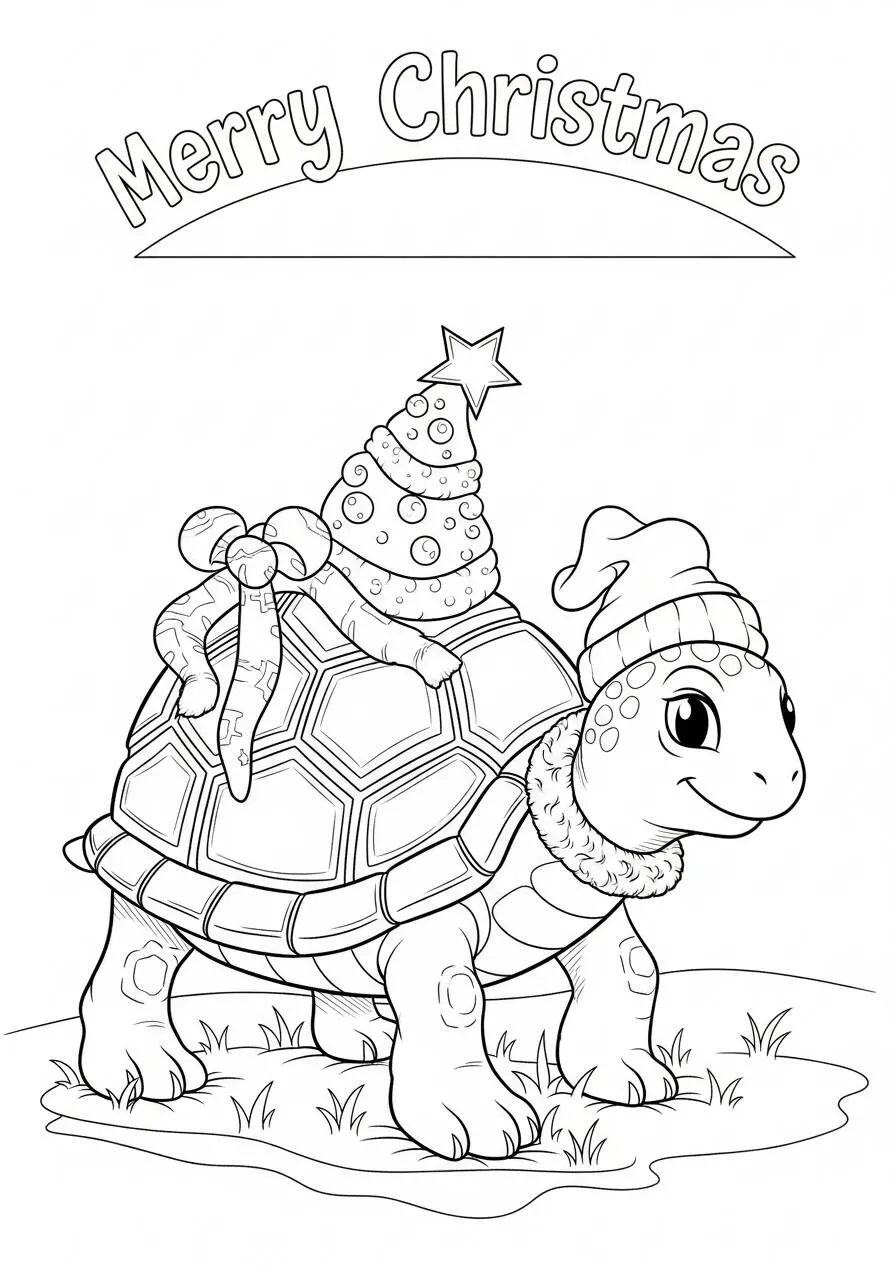 Desenho de Tartaruga Natalina com Chapéu de Natal para Colorir