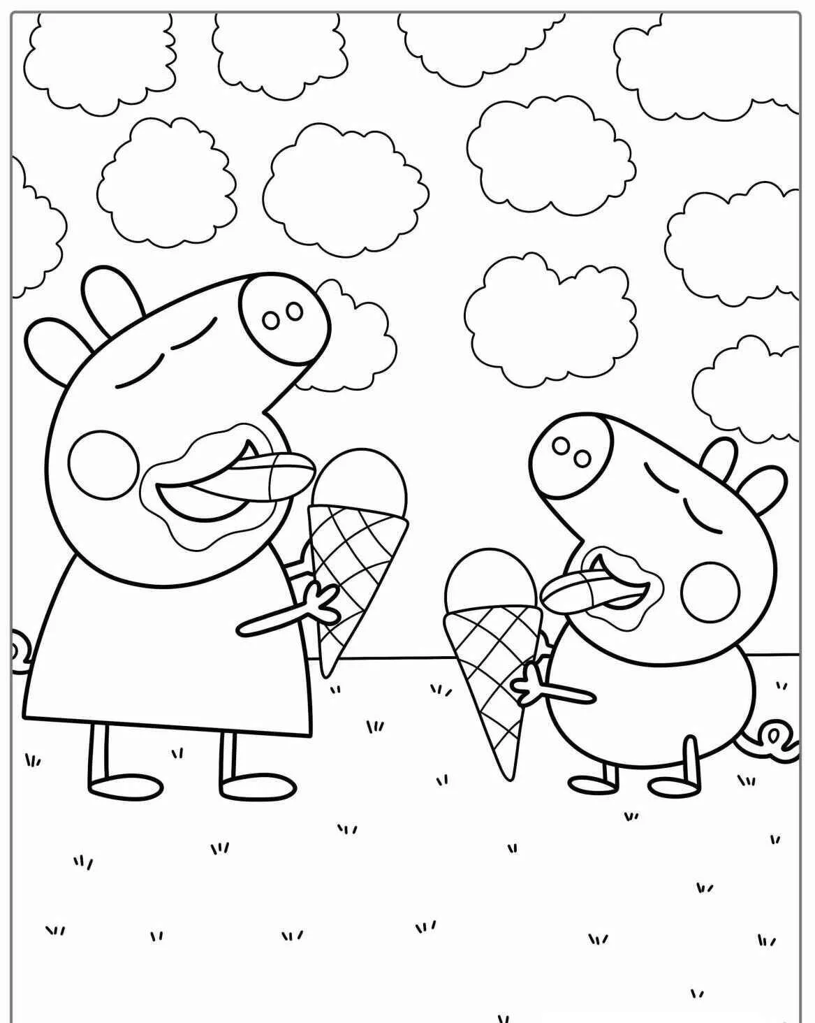 Desenho de Peppa Pig e George com Sorvetes para Colorir
