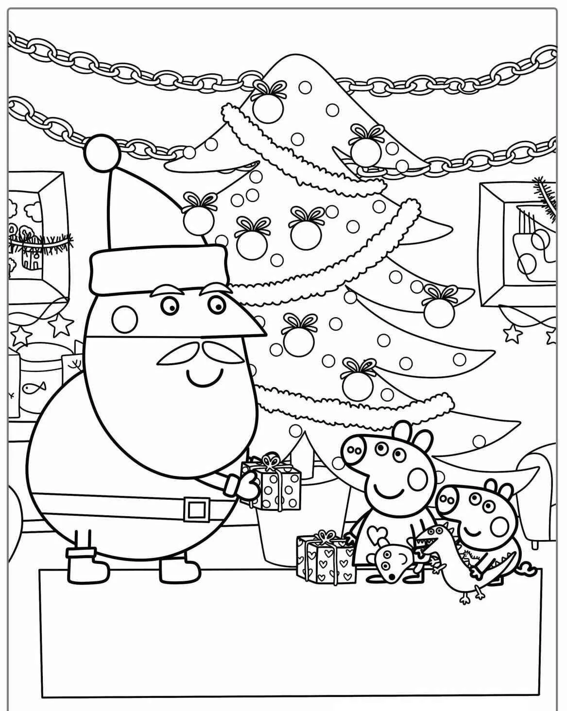 Desenho de Peppa Pig com o Papai Noel para Colorir