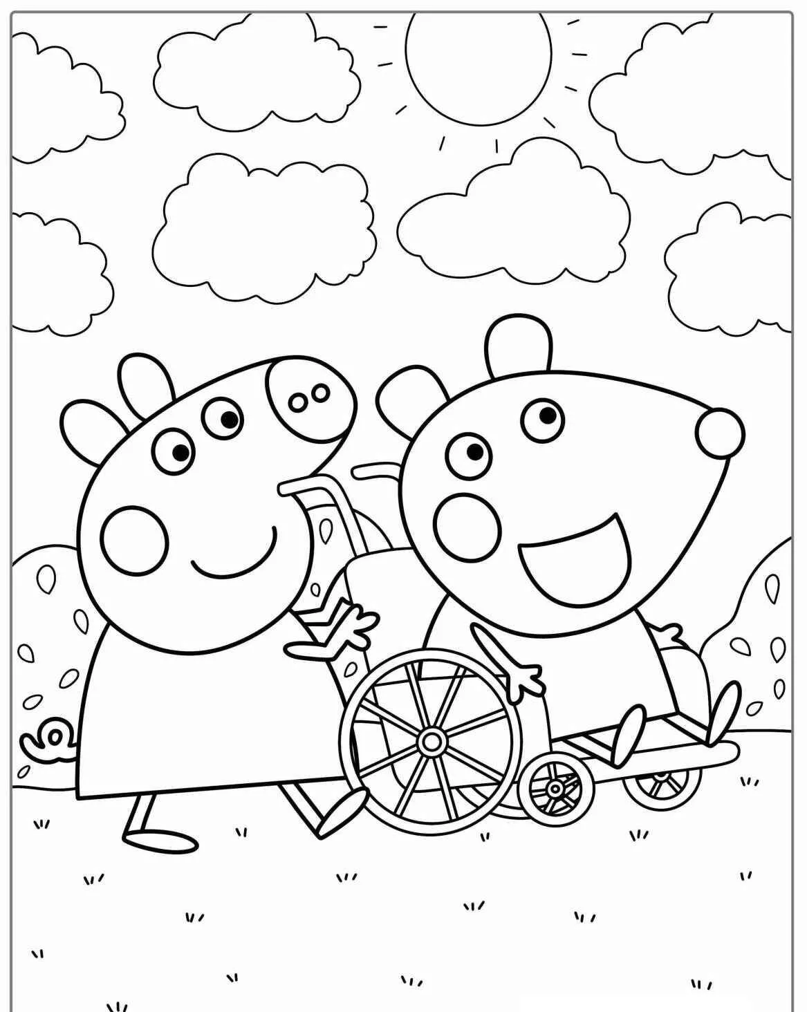 Desenho de Peppa Pig e Amigo em Cadeira de Rodas para Colorir