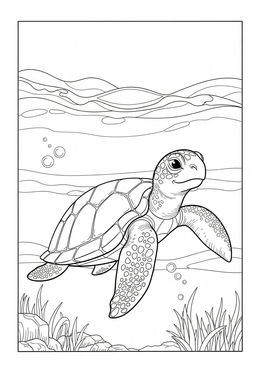 Desenho de Tartaruga Marinha a Nadar em Águas Claras para Colorir