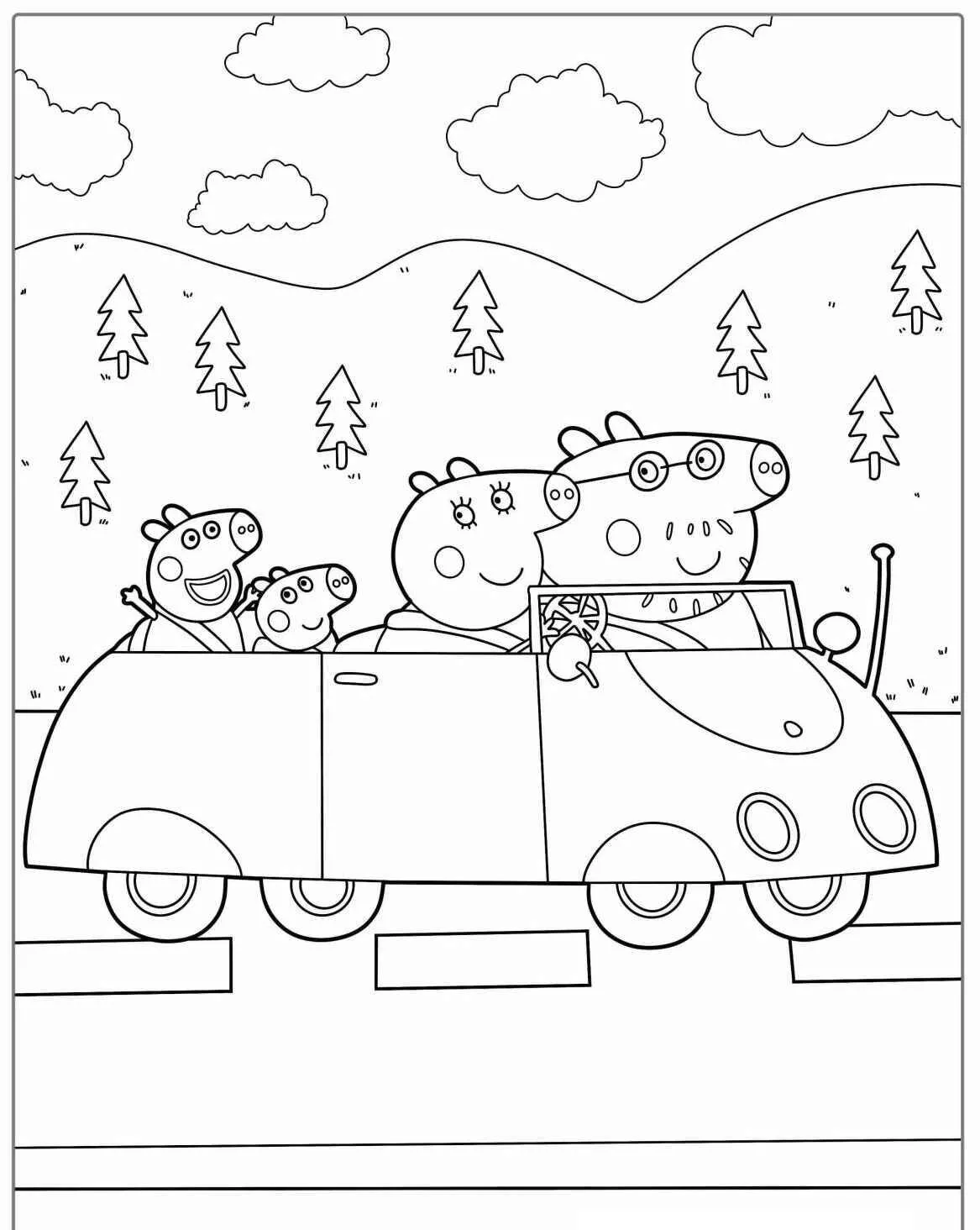 Desenho de Peppa Pig e Família a Viajar de Carro para Colorir