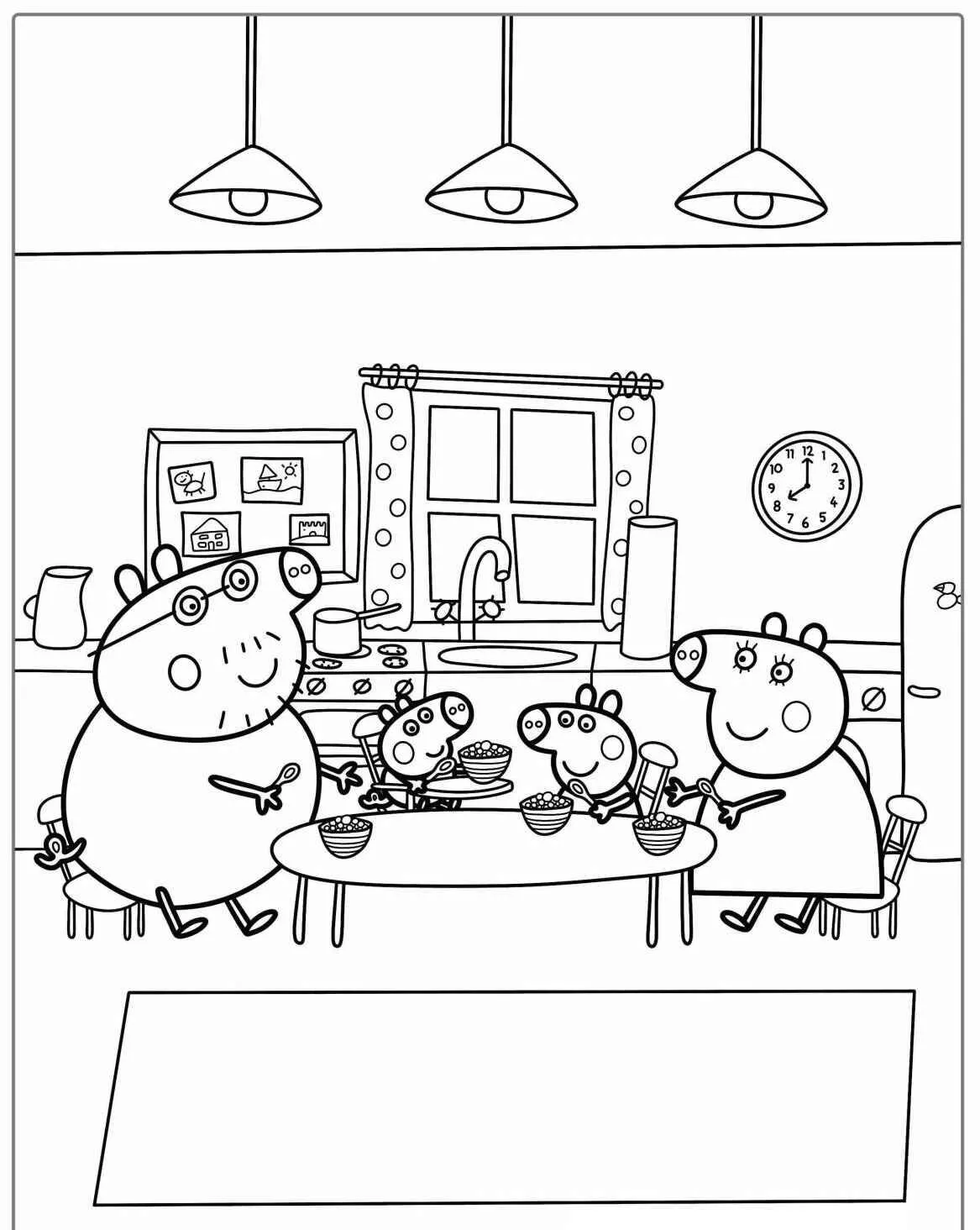 Desenho de Peppa Pig com a Família na Cozinha para Colorir
