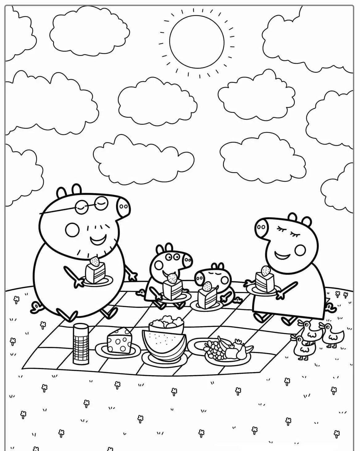 Desenho de Peppa Pig e Família Fazendo Piquenique para Colorir