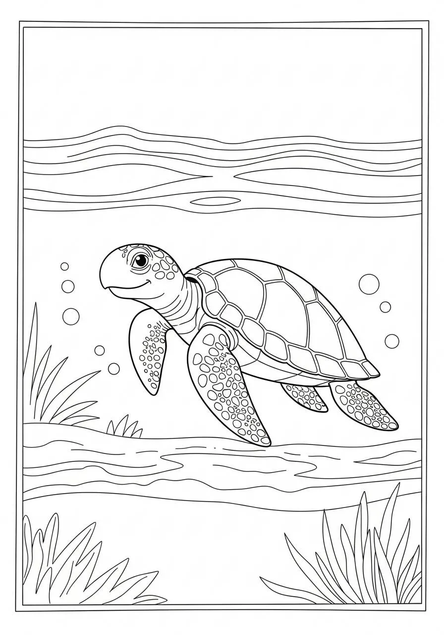 Desenho de Tartaruga Marinha a Nadar em um Ambiente Subaquático para Colorir