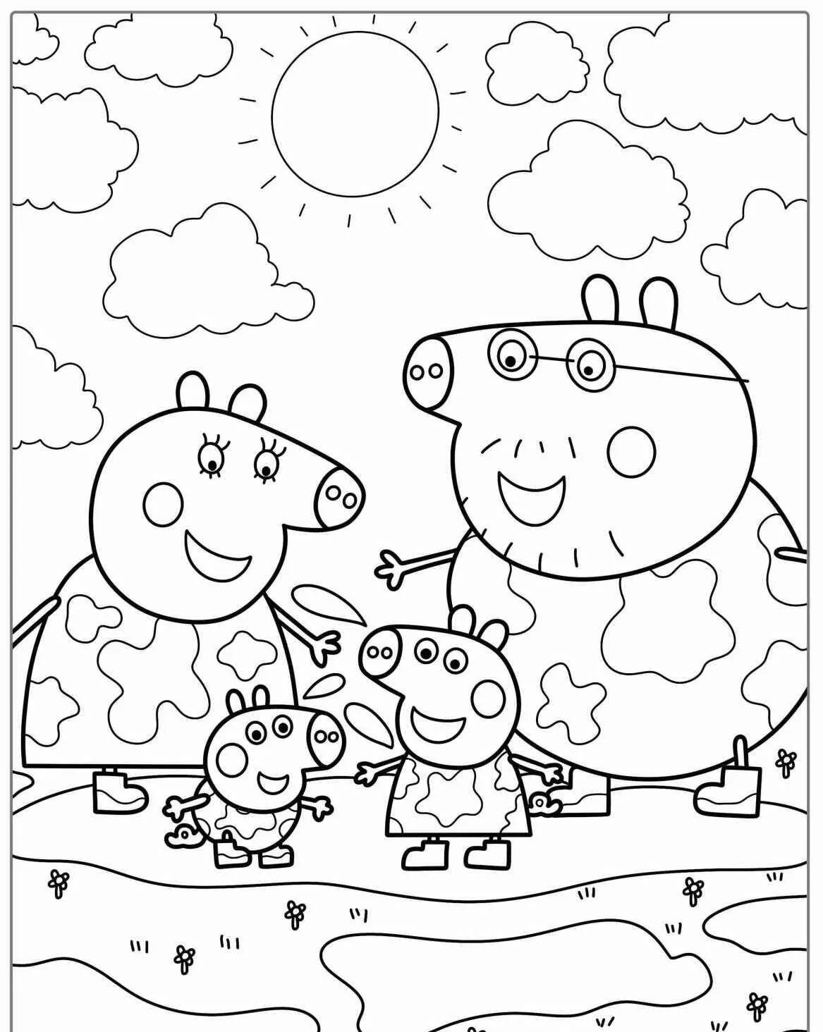 Desenho de Peppa Pig com a Família para Colorir