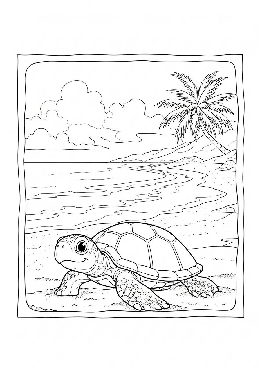 Desenho de Tartaruga na Praia com Palavras para Colorir