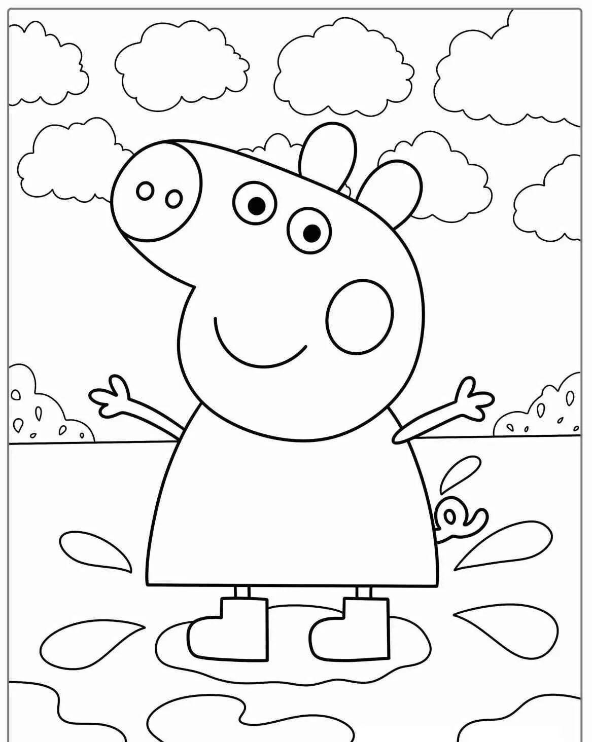 Desenho de Peppa Pig a Saltar em Poças de Lama para Colorir