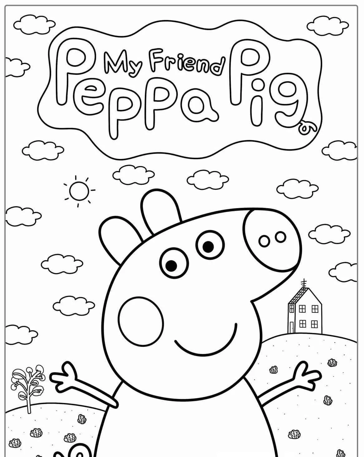 Desenho de Peppa Pig com o Sol e Nuvens para Colorir