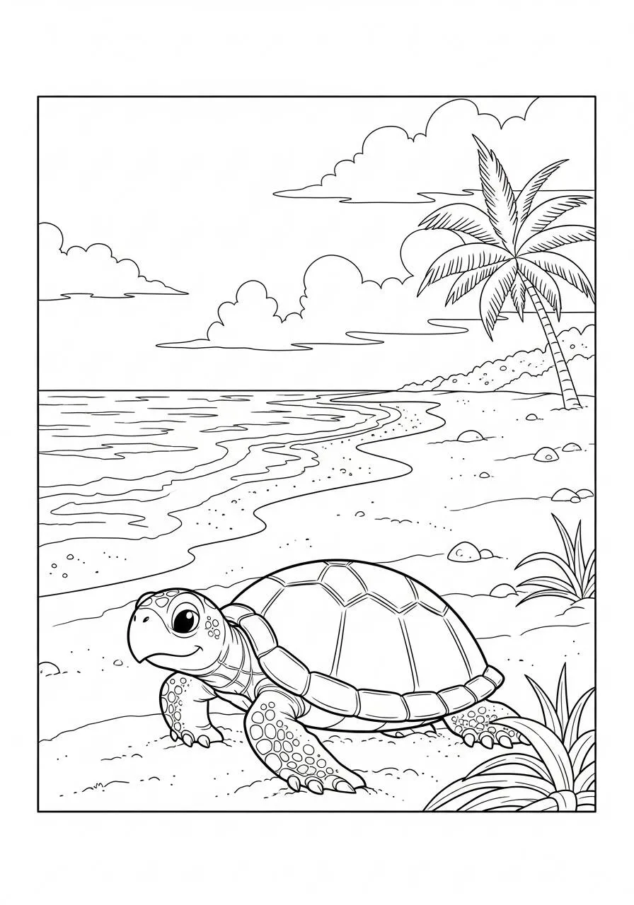 Desenho de Tartaruga na Praia com Palms para Colorir