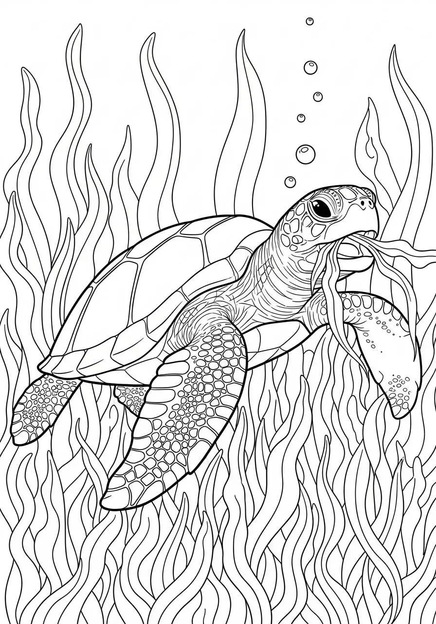 Desenho de Tartaruga Marinha a Comer Algas para Colorir