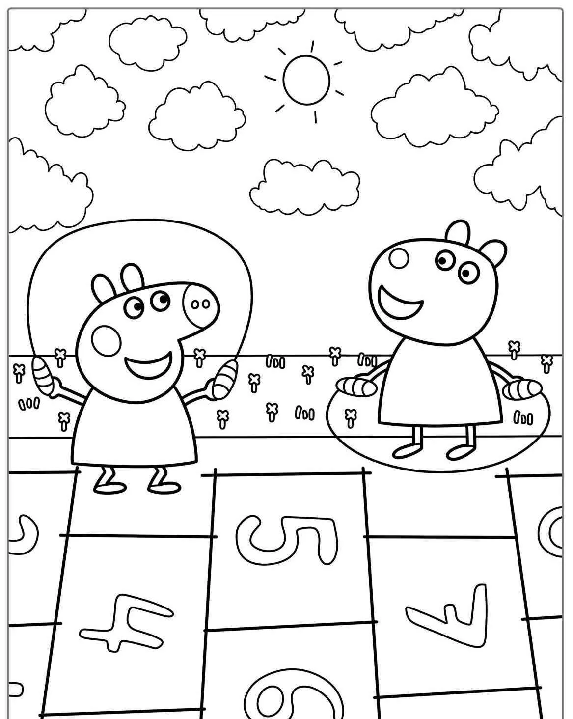Desenho de Peppa Pig Brincando com a Suzy para Colorir