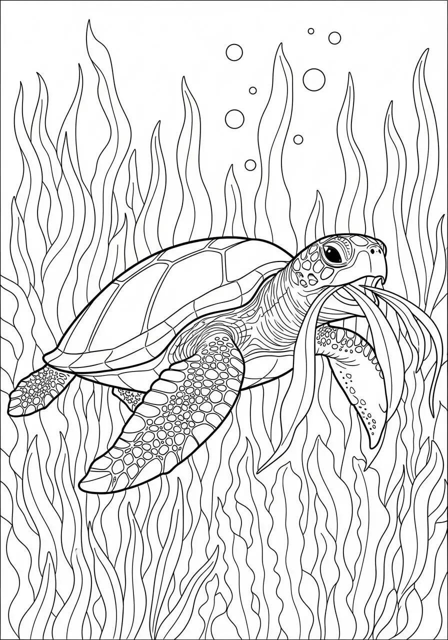 Desenho de Tartaruga Marinha a Nadar entre Algas para Colorir