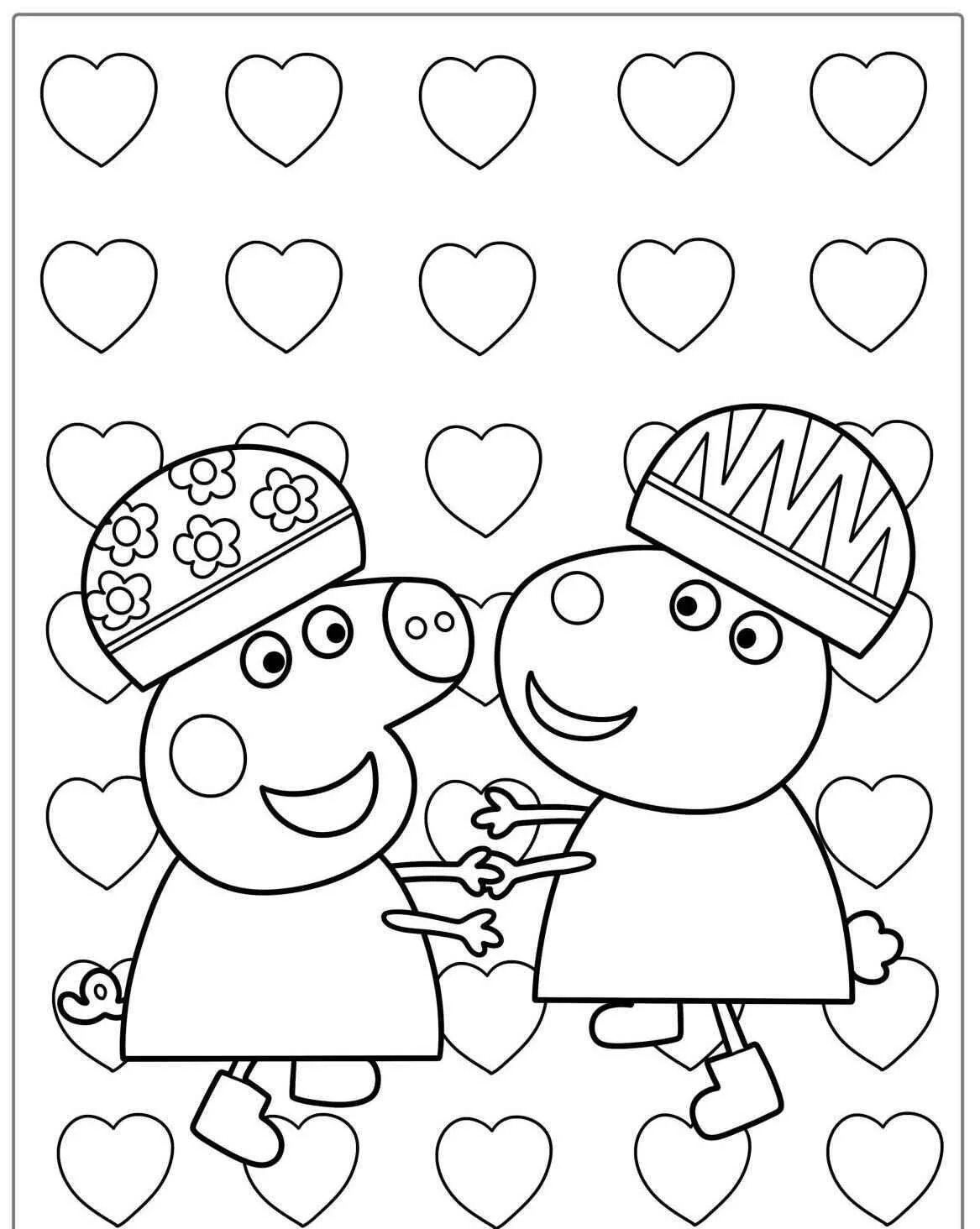 Desenho de Peppa Pig e Suas Amigas de Coração para Colorir