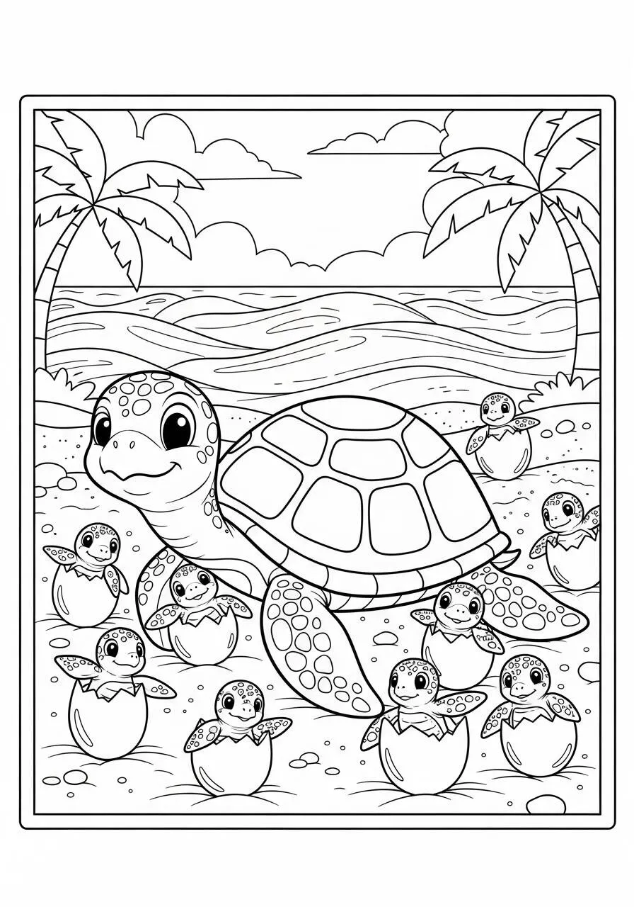 Desenho de Tartaruga Bebé com Filhotes para Colorir